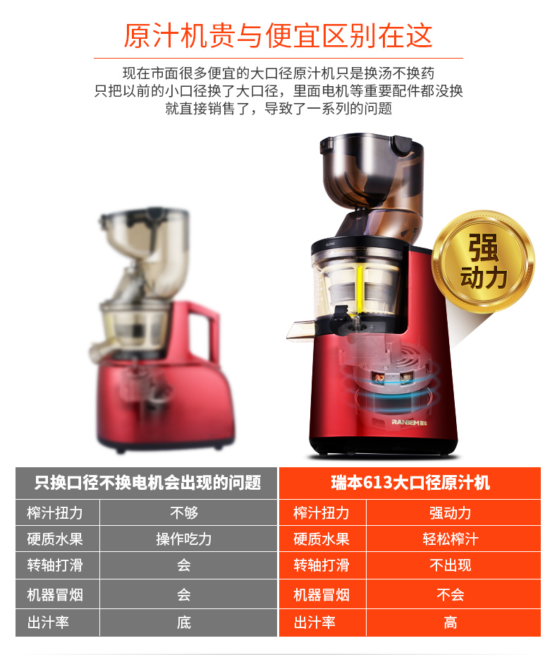 廠家直銷 瑞本多功能大口徑商用原汁機(jī)低慢速家用蔬菜水果榨汁機(jī)