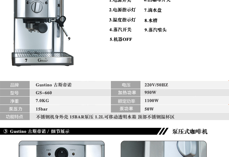 Gustino意式進口泵 半自動高壓不銹鋼濃縮咖啡機家用商用豪華正品