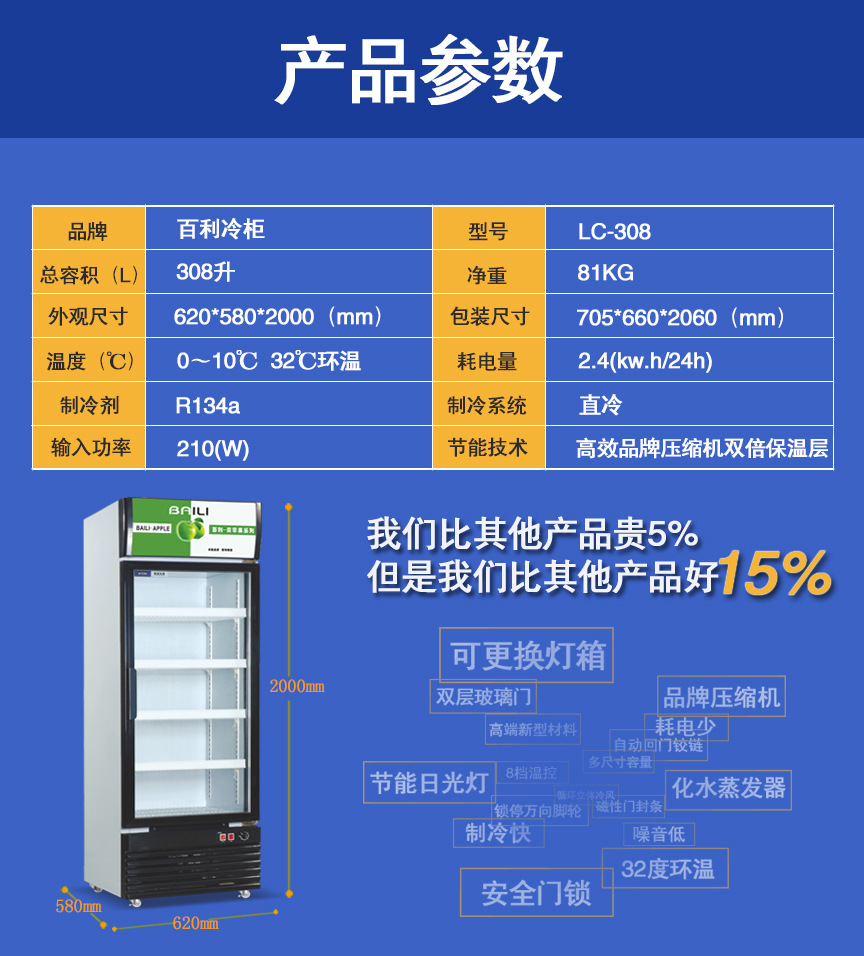 百利冷柜LC-308單門立式展示冰柜 商用保鮮冷藏柜 超市制冷設備